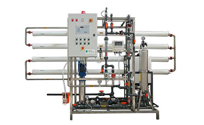 Reverse osmosis system with 4 inch membranes on skid